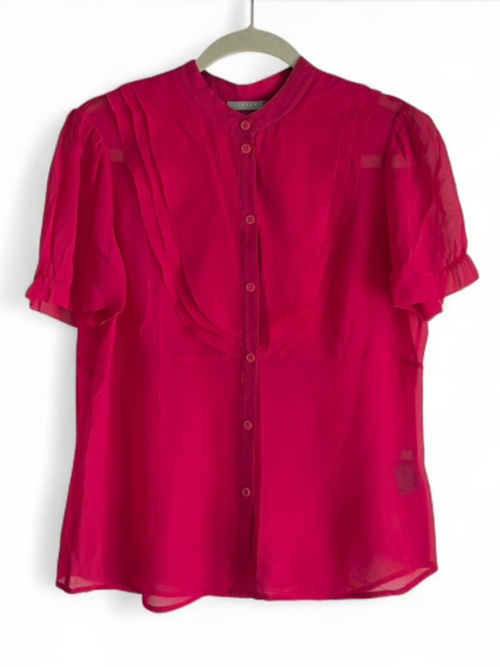 Jigsaw Fuchsia Pink 100% Silk Semi Sheer Short Sleeve Blouse Size 12